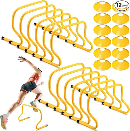 12 Pcs 12 Inch Agility Hurdles Training Equipment Agility Hurdles and Marker Cone Set Disc Cones Speed and Training Obstacle for Athletes Sports Soccer Football Tennis Basketball