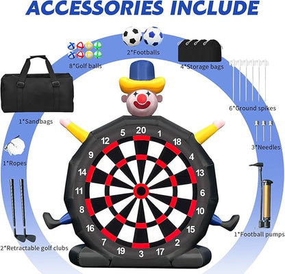 13FT Giant Inflatable Soccer Dart Board with Built-in Blower - Clown Themed Sport Kick Dartboard Perfect for Adults Family Parties,Carnival, Includes 8 Golf Balls, 2 Telescoping Club, 2 Soccer Balls