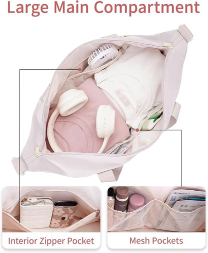 sportsnew Gym Travel Bag for Women, Large Travel Duffel with Shoe Compartment and Wet Pocket, Water Resistant Weekender Overnight Carry on Sports Tote Bags, Beige,Patent Pending