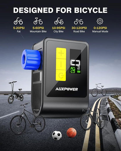 Auxpower BL03 Bicycle Pump with Pressure Gauge, 120PSI Electric Bike Pump with Presta and Schrader Valve, Auto Stop, Outdoor Camping Cycling Pump for Road, Mountain, E-Bike and Sports Balls