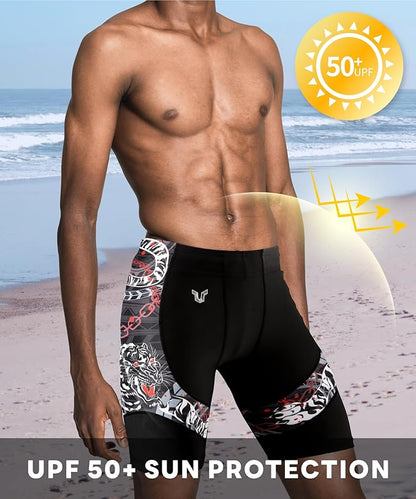 HUGE SPORTS Men's Rash Guard Swim Shorts Compression Swimming Jammer Cool Dry Active Swimsuit Workout Shorts Sports Tights