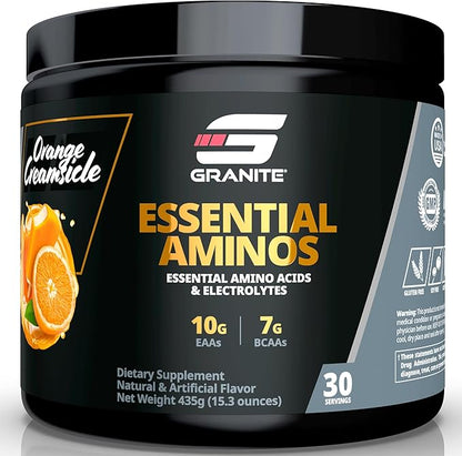 Granite Essential Amino Acids Powder for Muscle Recovery and Growth with 10g EAAs and 7g BCAAs - Soy-Free, Gluten-Free, 448g (30 Servings), Orange Creamsicle Flavor