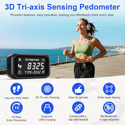 3D Pedometer Step Counter for Walking, Running & Fitness - Accurate Step & Calorie Tracker with LCD Display, Waist Clip & Armband, Rechargeable Battery - Track Daily Activity & Health Data