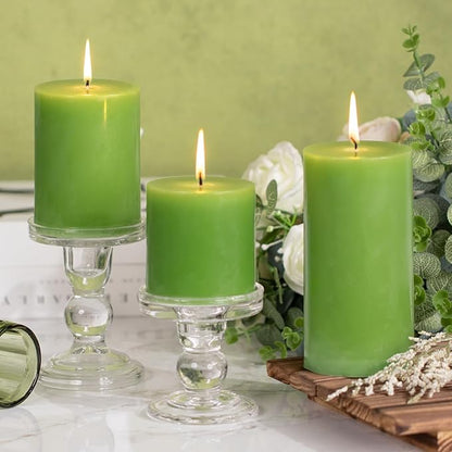 KONNI Green Pillar Candles Set of 3, 3"x 4" Unscented Pillar Candles Bulk, 39 Hours Long Burning Candles, Smokeless&Dripless Large Round Candle for Wedding, Home Decoration, Parties, Spas, Dinner