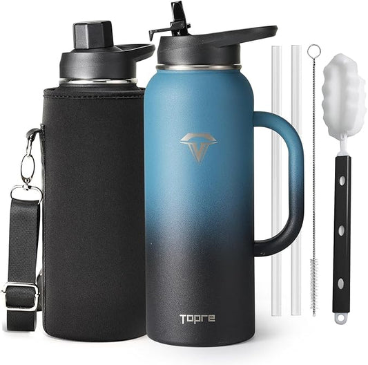 40 oz Insulated Water Bottle with Straw and Lid, Food-grade Double Wall Vacuum Stainless Steel Flask with Handle,Leakproof Metal Travel Jug With Pouch and Brush,Keep Cold & Hot,Indigo Black