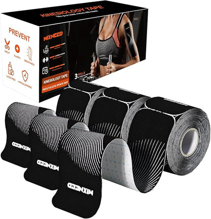Precut Kinesiology Tape - 60 Strips (3 Rolls) | Waterproof Kinesiology Tape for Muscle & Joint Support, Athletic Knees, Shoulders, Back Pain Relief | Sport Tape for Weightlifting, Running