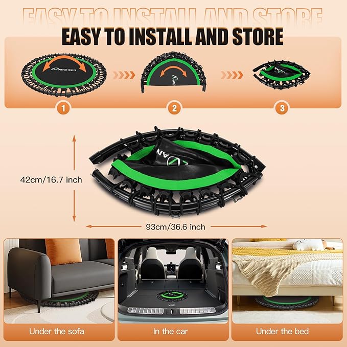 ANCHEER 40" Foldable Mini Trampoline,Max Load 450lbs/550lbs Indoor Trampoline,with 4 Level Adjustable Foam Handle and Resistance Bands,Adult Exercise Trampoline for Home, Garden, and Gym