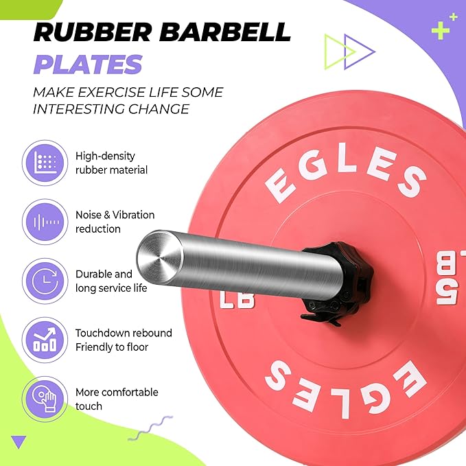 EGLES Vibrant Colorful Olympic Weight Plates, Rubber Barbell Plates, 2-inch Standard Virgin Rubber Bumper Plate 10 15 25 35 45LB for Home Gym Weightlifting, Strength Training, Fit Workouts