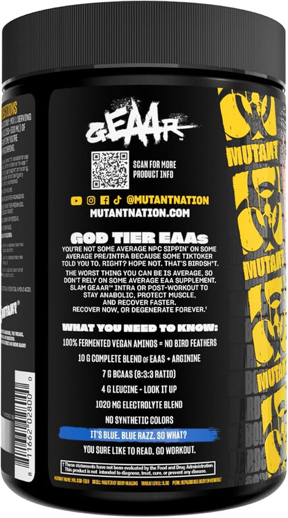 Mutant GEAAR - 9.4g of EAA Powder + Arginine, 7g BCAAs, 4g Leucine, Electrolytes, Coconut Water, 30 Servings - Blue Raspberry