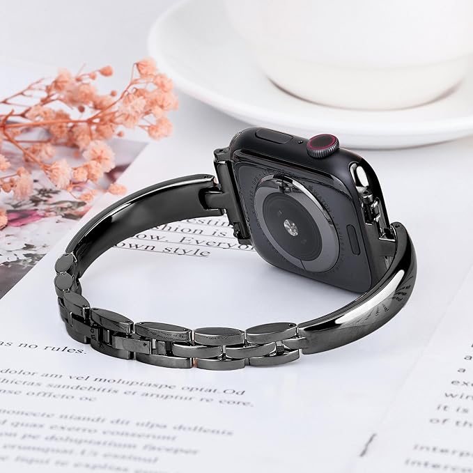 Silm Metal Band Compatible with Fitbit Versa 4/Fitbit Sense 2 Band Cute Women, Bling Jewelry Strap Replacement Compatible for Fitbit Sense/Versa 3 Women (Black)