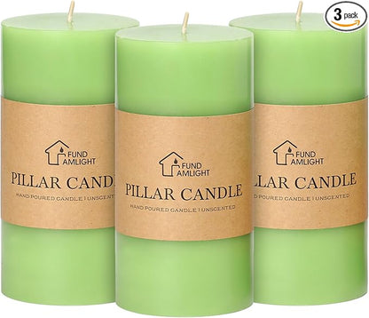 3x6 Inch Green Pillar Candles Set of 3 - Decorative Unscented Pillar Candle, Long Burning Dripless Candle for Table Decor, Smokeless Large Pillar Candles for Wedding Table Decor