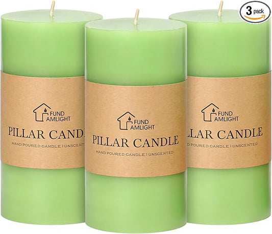3x6 Inch Green Pillar Candles Set of 3 - Decorative Unscented Pillar Candle, Long Burning Dripless Candle for Table Decor, Smokeless Large Pillar Candles for Wedding Table Decor