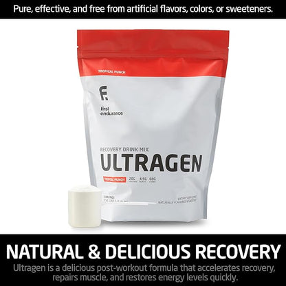 FIRST ENDURANCE Ultragen Workout Recovery Drink Powder, Protein Mix, Boosts Energy, Accelerates Recovery | Tropical Punch, 15 Servings