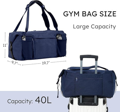 Gym Bag for Men with 2 Upgraded Bottle Holders Convertible Duffle Bag and Gym Backpack Waterproof Sports Bags with Shoes Compartment and Wet Pocket - Dark Blue