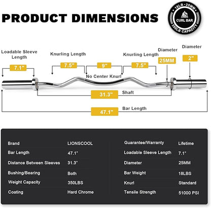 LIONSCOOL Premium 4ft/4.9ft/6ft Barbell for Strength Training and Olympic Weightlifting, 2 Inch Bar for Squats, Curls, Deadlifts, Presses, Hip Thrusts, 350lbs/500lbs/700lbs Weight Capacity