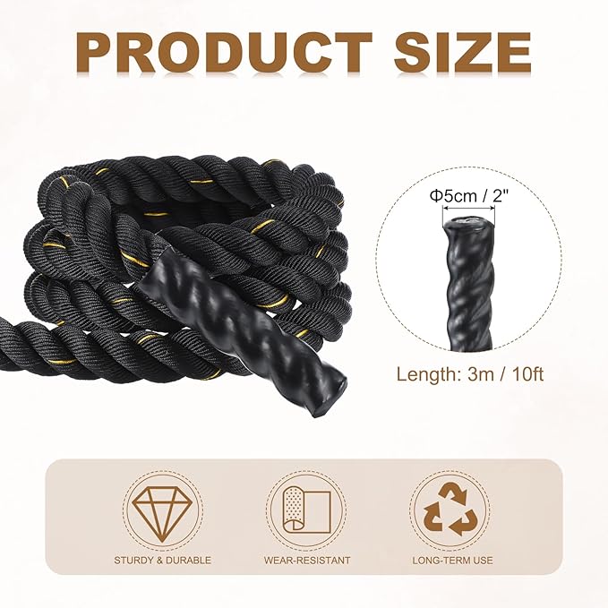 MECCANIXITY Battle Rope 10ft x 2 Inch Polyester Workout Rope Heavy Fitness Exercise Rope for Strength Training Home Gym Muscle Building, Black Yellow