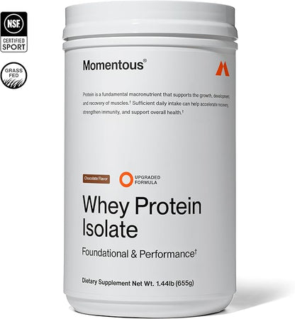 Momentous Essential Grass-Fed Whey Protein Powder - 20 g Whey Isolate Protein - NSF Certified for Sport - Gluten-Free - 24 Servings for Everyday Use - Chocolate - Package May Vary