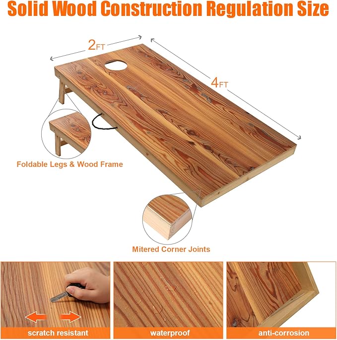 Solid Wood Premium Cornhole Game Set, Bean Bag Toss Game for Tailgate, Outdoor, Backyard - Professional Portable Cornhole Boards & Set of 8 Cornhole Bean Bags (Junior, Tailgate, Regulation Size)