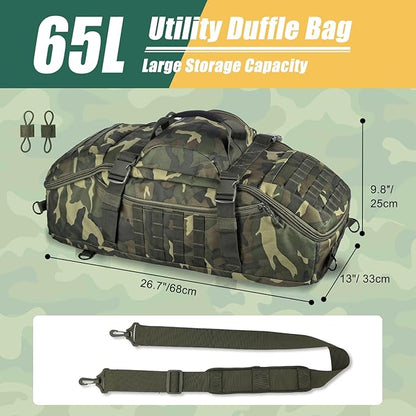 65L Large Travel Duffle Bag Military Tactical Backpack, Army Assault Pack 3 Day Bug Out Bag Rucksack for Outdoor Sport Hiking Camping with Molle System, Woodland