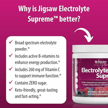 Jigsaw Health Electrolyte Supreme | Broad Spectrum of Electrolytes + Trace Minerals | Berry-Licious Flavor | 60 Servings (Jar)