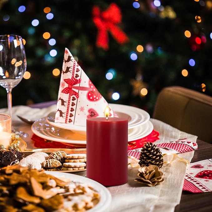 6 Packs Dripless Red Colored Pillar Candles, Unscented 2.75x4 Inch Burgundy Cylinder Wax Candles for Home Table Holiday Party Spa Decor Emergency Power Outage