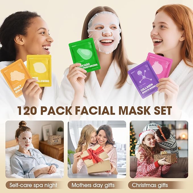 120 Pack Collagen Essence Sheet Face Masks Skincare, Moisturizing & Hydrating Face Mask for Skin Care, Bulk Face Masks for All Skin Types, Spa Party Gifts for Women (12 Types x 10 Pcs)