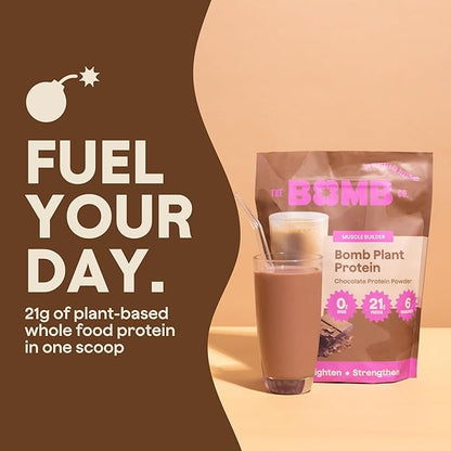 The Bomb Co. Bomb Plant Protein, Protein Powder with 21g Protein, Amino Acids, Zero Sugar, Pea Protein, Cocoa, Chia Seeds, Pumpkin Seeds, Vanilla & Monk Fruit, Gluten Free, Chocolate Flavor, 20 Srvgs