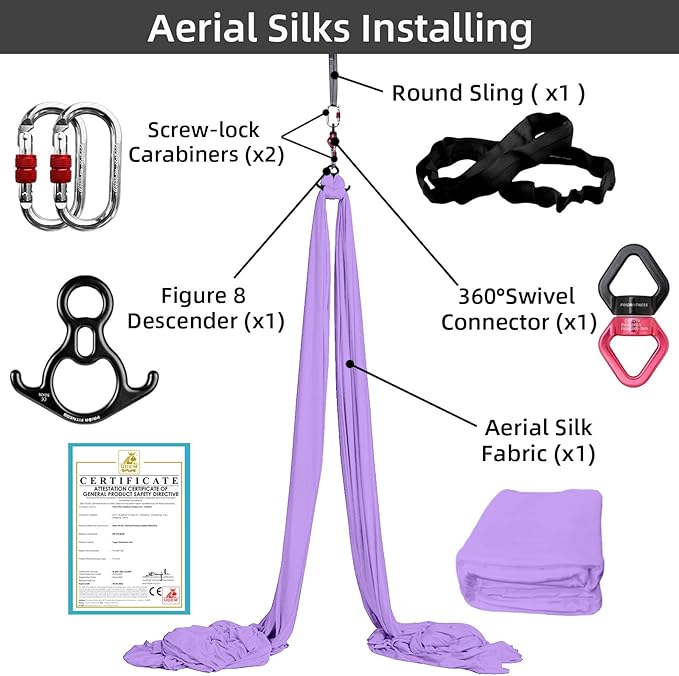 PRIOR FITNESS Aerial Silks Set, Professional Thicker Low Stretch Fabric 9/15/20 Yards Aerial Silk Swing Set with Hardware Guide, Yoga Starter Kit For Home, Aerial Yoga Hammock, Silks for Gymnastics, Antigravity Yoga, Inversion Exercise-All Levels