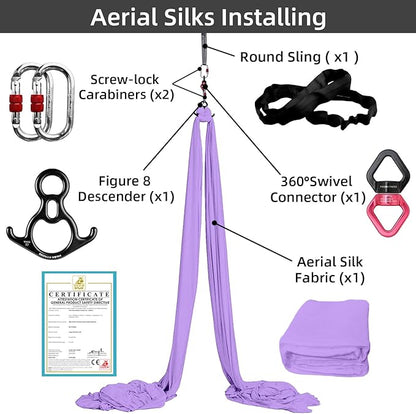 PRIOR FITNESS Aerial Silks Set, Professional Thicker Low Stretch Fabric 9/15/20 Yards Aerial Silk Swing Set with Hardware Guide, Yoga Starter Kit For Home, Aerial Yoga Hammock, Silks for Gymnastics, Antigravity Yoga, Inversion Exercise-All Levels