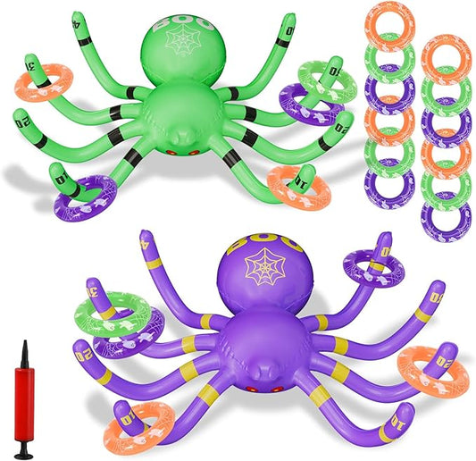 Halloween Spider Ring Toss Game, 2 Pack Inflatable Green and Purple Spiders with Rings and Pump