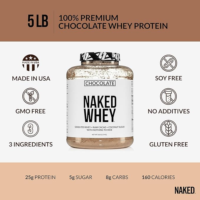 NAKED Whey Protein Supplement Powder, Chocolate, GMO Free, Soy Free, Gluten Free Aid Muscle Growth and Recovery 60 Servings, 5 Ib