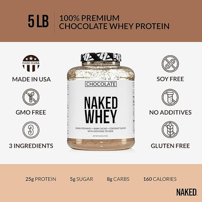 NAKED Whey Protein Supplement Powder, Chocolate, GMO Free, Soy Free, Gluten Free Aid Muscle Growth and Recovery 60 Servings, 5 Ib