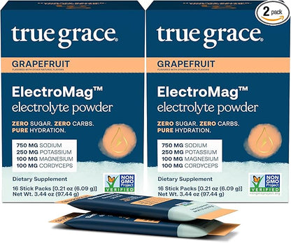True Grace ElectroMag - 16 Stick Packs (Pack of 2) - Grapefruit - Electrolyte Powder for Rapid Hydration - Sodium, Potassium, Magnesium & Cordyceps - Zero Sugar & Carbs - Non-GMO - 32 Total Servings