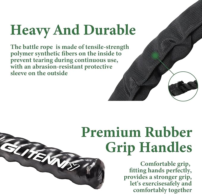 Black Battle Ropes - 1.5in x 30ft Heavy Workout Rope for Home Gym