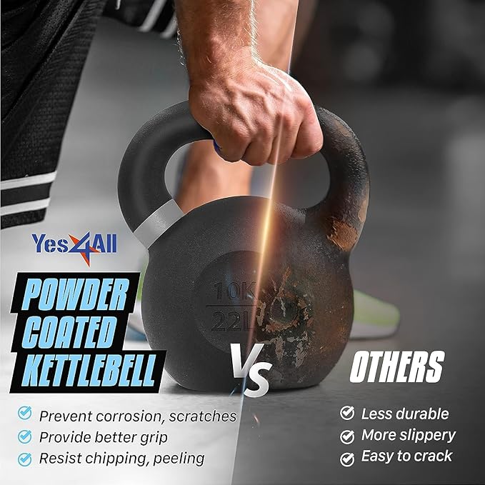 Yes4All Kettlebell, Heavy Duty Powder Coated Cast Iron Kettlebells, Non-Slip Handle & Flat Bottom for Conditioning, Strength Training & Full Body Exercises at Home Gym - Single & Pair