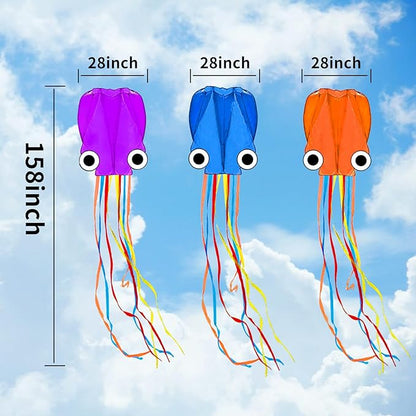 Octopus Kites for Kids & Adults Easy to Fly, 24”x 158” Large Soft Kite Kit for Boys and Girls, Single Line 3D Beach Kite Set for Teens,Perfect for Outdoor Activities