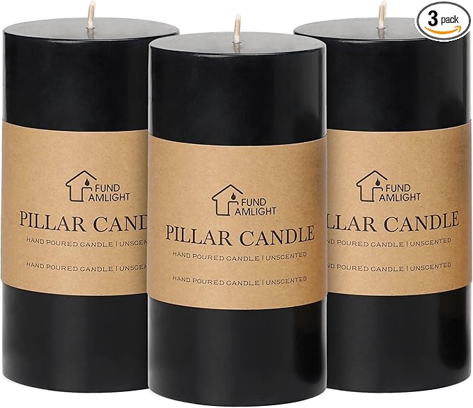3x6 Inch Black Pillar Candles Set of 3 - Decorative Unscented Pillar Candle, Long Burning Dripless Candle for Home Table Decor, Smokeless Large Pillar Candles for Wedding, Dinner, Halloween Decor