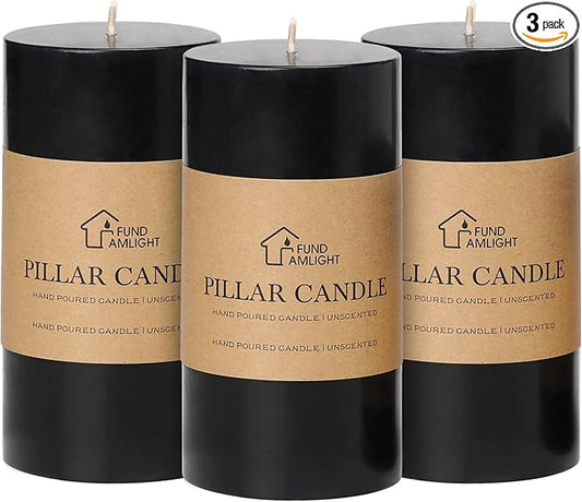 3x6 Inch Black Pillar Candles Set of 3 - Decorative Unscented Pillar Candle, Long Burning Dripless Candle for Home Table Decor, Smokeless Large Pillar Candles for Wedding, Dinner, Halloween Decor