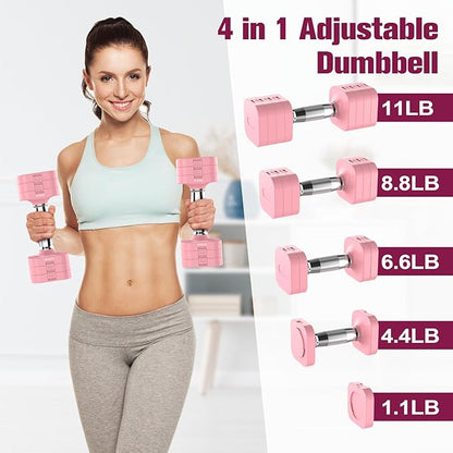 22LBS Adjustable Dumbbells Set, Adjustable Weight Dumbbells with 4 Levels 4.4lb, 6.6lb, 8.8lb, 11lb, Hand Weights Sets for Women/Men Home Gym Full Body Workout