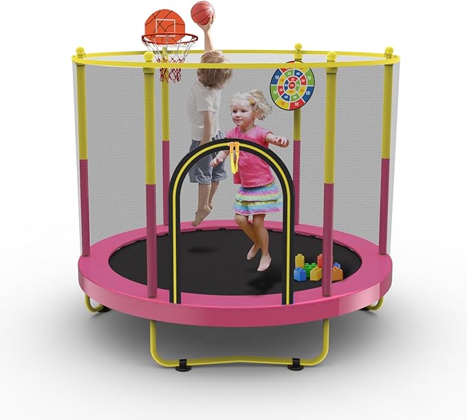 72" Trampoline for Kids with Net,6 FT Indoor & Outdoor Small Toddler Trampoline with Basketball Hoop & Dart Board for Ages 1-8, Birthday Gifts for Boys & Girls, Baby Toddler Christmas Toys