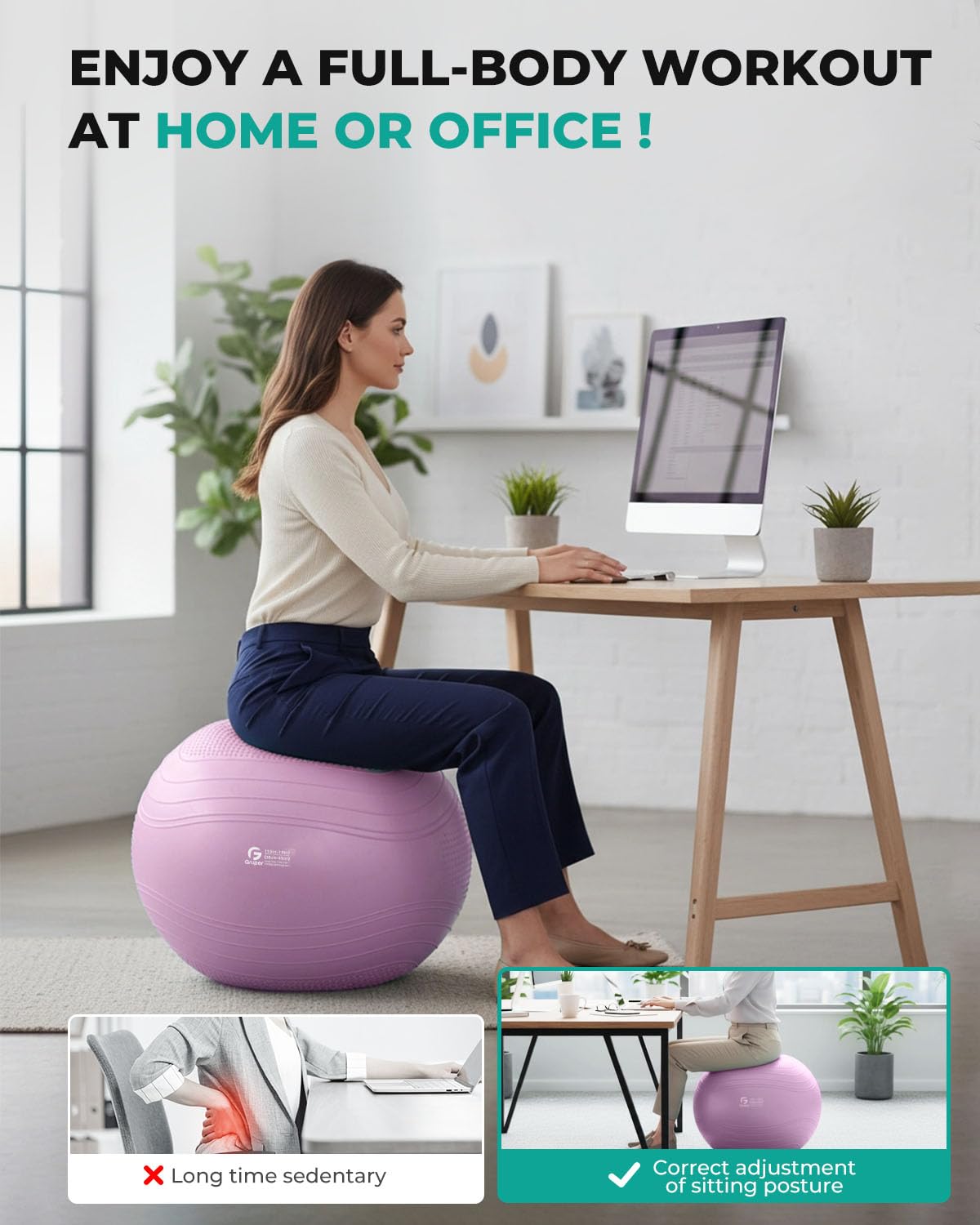 Gruper Yoga Ball, Extra Thick Exercise Ball for Workout Pregnancy Stability - 4 Sizes Anti Burst