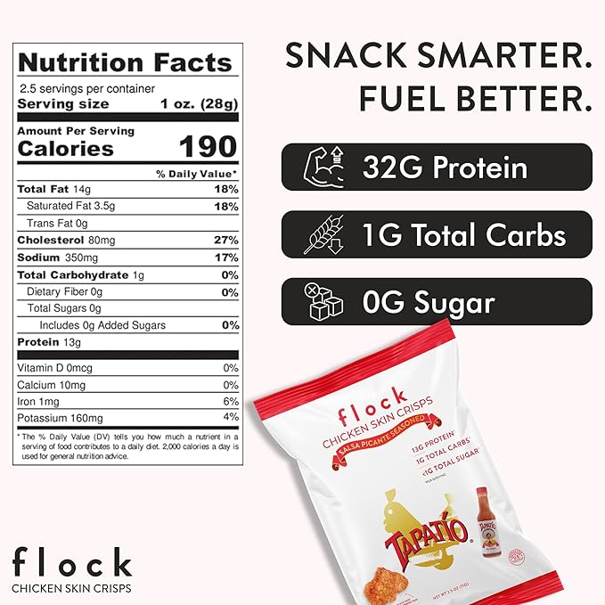 "Flock Keto Chicken Skin Chips | Tapatio Flavor | Low Carb, High Protein, Sugar Free, Gluten Free | 4-Pack (2.5oz)