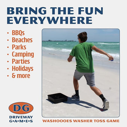 Driveway Games All Weather Washoos Washer Toss Game Set - Portable Outdoor Lawn Games for Adults and Kids, Summer, Camping, Tailgates & Beach – Includes 8 Pitching Rings & Toss Targets