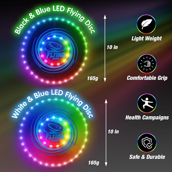 2 Pack Light up Flying Discs for Kids, 45 LEDs, 14 Lighting Modes, Rechargeable Glow in The Dark Flying Ring for Beach, Summer Camping, Outdoor Game, Sport Toys Gift for Teens Boys Adult