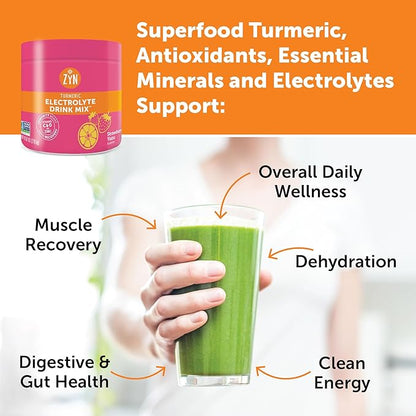 ZYN Electrolyte Hydration Drink Mix (30 Servings), Strawberry Yuzu Electrolytes Powder, Hydrating Formula w/Turmeric Curcumin, Vitamin C & D, Zinc, Electrolyte Support Drink Mix