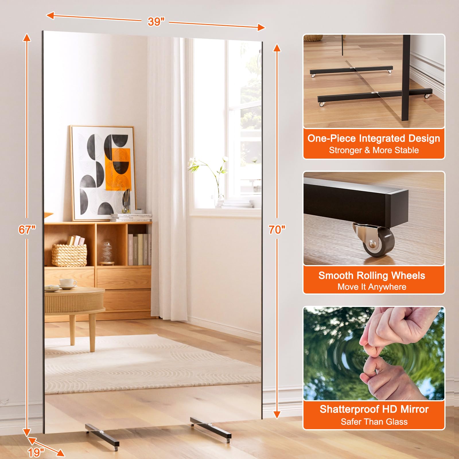 brisafe Rolling Full‑Length Gym Mirror with Wheels, 67" x 39"Oversized Shatterproof Nano