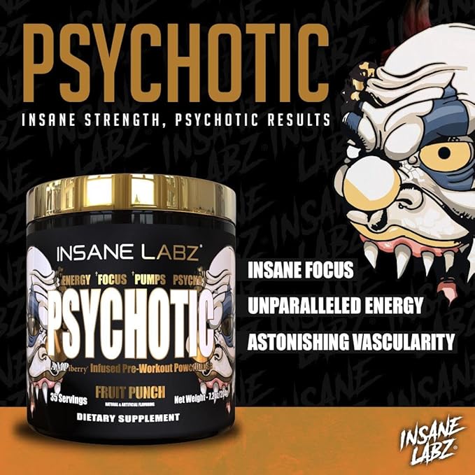 Insane Labz Psychotic Gold, High Stimulant Pre Workout Powder, Extreme Lasting Energy Focus, Pumps and Endurance with Beta Alanine, DMAE Bitartrate, NO Booster (30 Servings, Variety)
