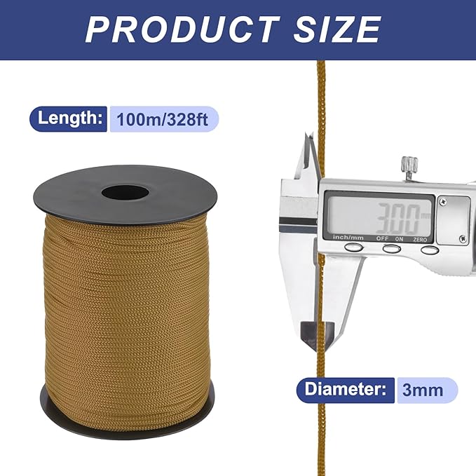 MECCANIXITY 1/8 Inch Polypropylene Rope Braided Ropes, 328ft Nylon Rope Hollow Utility Cord for Clothesline, Camping, Hiking, Outdoor, Brown