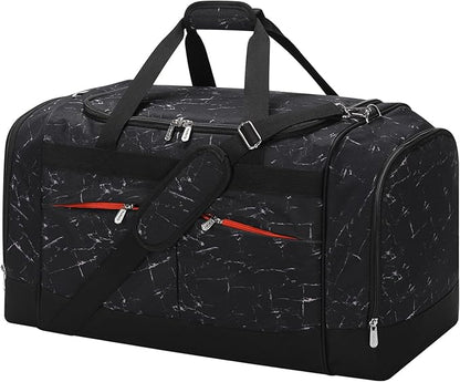 24 inch Large Gym Bag for Men - 65L Hard Bottom Duffle Bag with Shoes Compartment for Sport/Travel - Marble Black