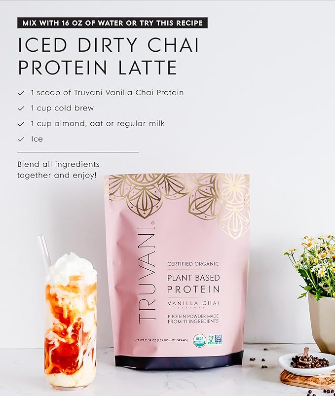 Truvani Vegan Pea Protein Powder | Vanilla Chai | 20g Organic Plant Based Protein | 10 Servings | Keto | Gluten & Dairy Free | Low Carb | No Added Sugar